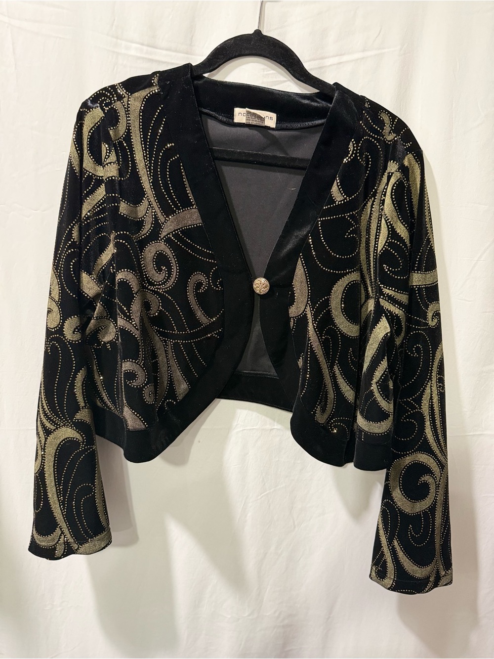 Notations Black Velvet Cropped Cardigan with Gold Swirl Accents
